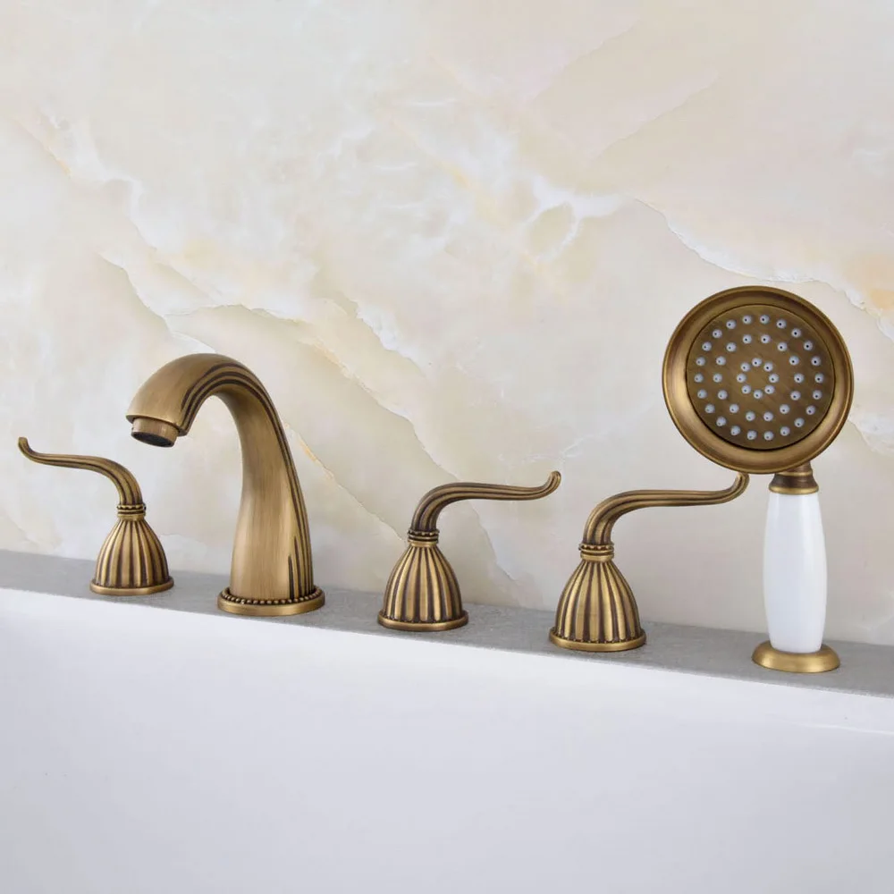 

Deck Mounted 5 Hole Antique Brass Bathroom Roman Tub Faucet Mixer Tap Set With Hand Shower Ltf241