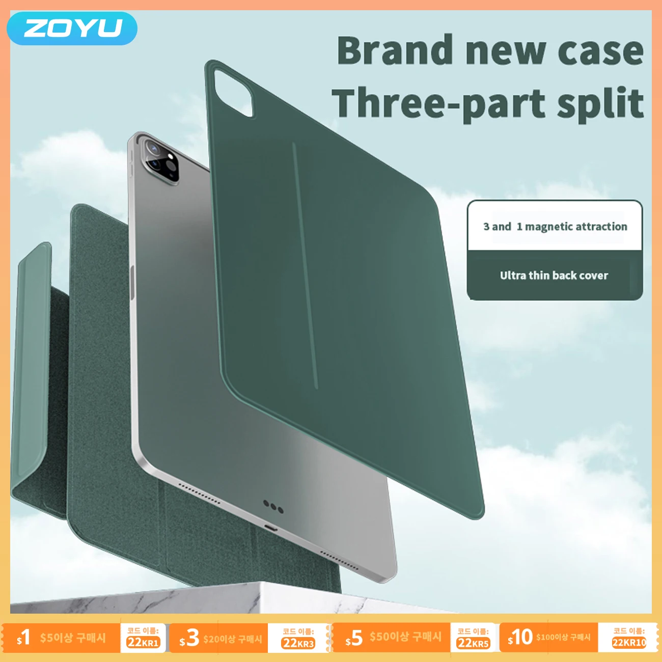 ZOYU Casing untuk iPad Mini6 Pro 11 12 9 2020 2021 Pemisahan Dapat Dilepas, untuk iPad 10 10.9 2022 Air 45th Gen Casing Dapat Dilepas Magnet