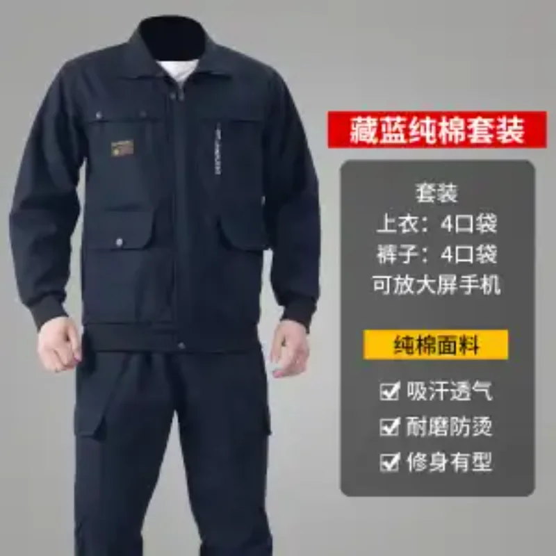 Men Pure Cotton Workwear Set Multi Pockets Heat Resistant Welding Construction Auto Repair Labor Uniform