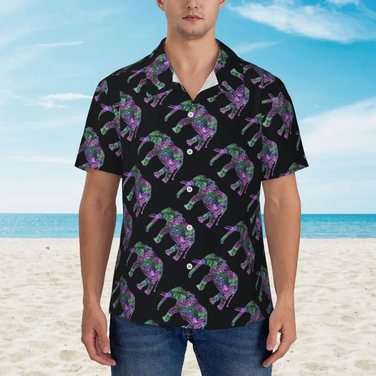 

Neon Elephant Vacation Shirt Male Colorful Tribal Print Casual Shirts Hawaiian Short Sleeve Design Novelty Oversize Blouses Gift