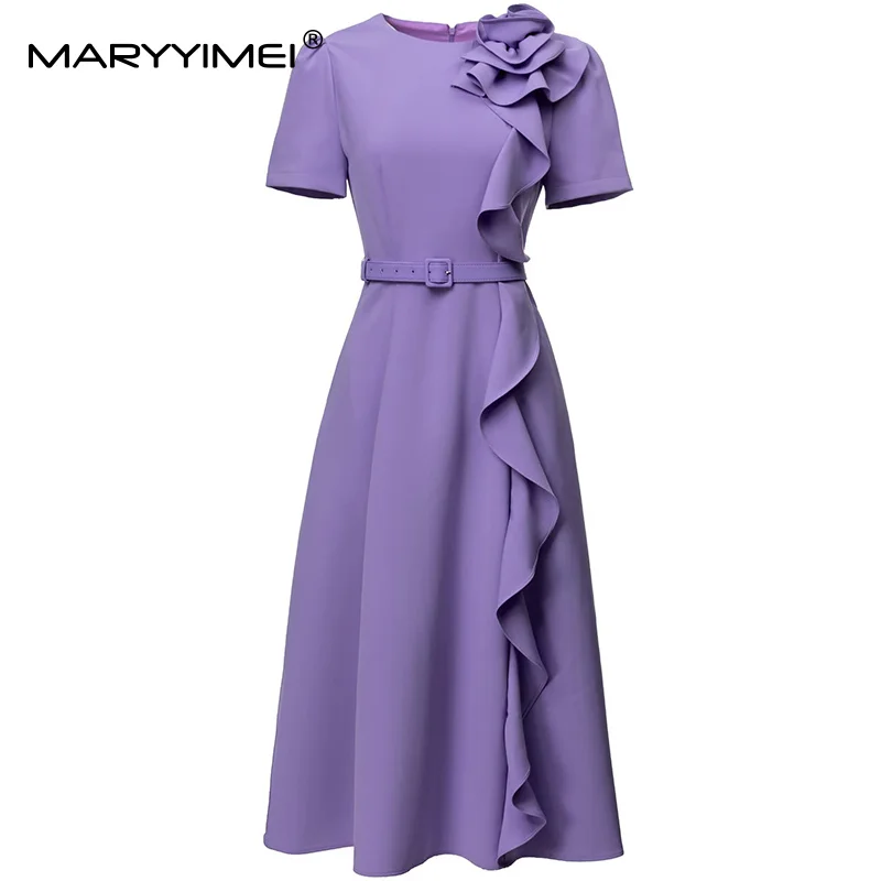 

MARYYIMEI Solid Short-Sleeved Slim Flounced Edge Dress For Women Appliques Lace-up High waist Elegant A-Line Dresses