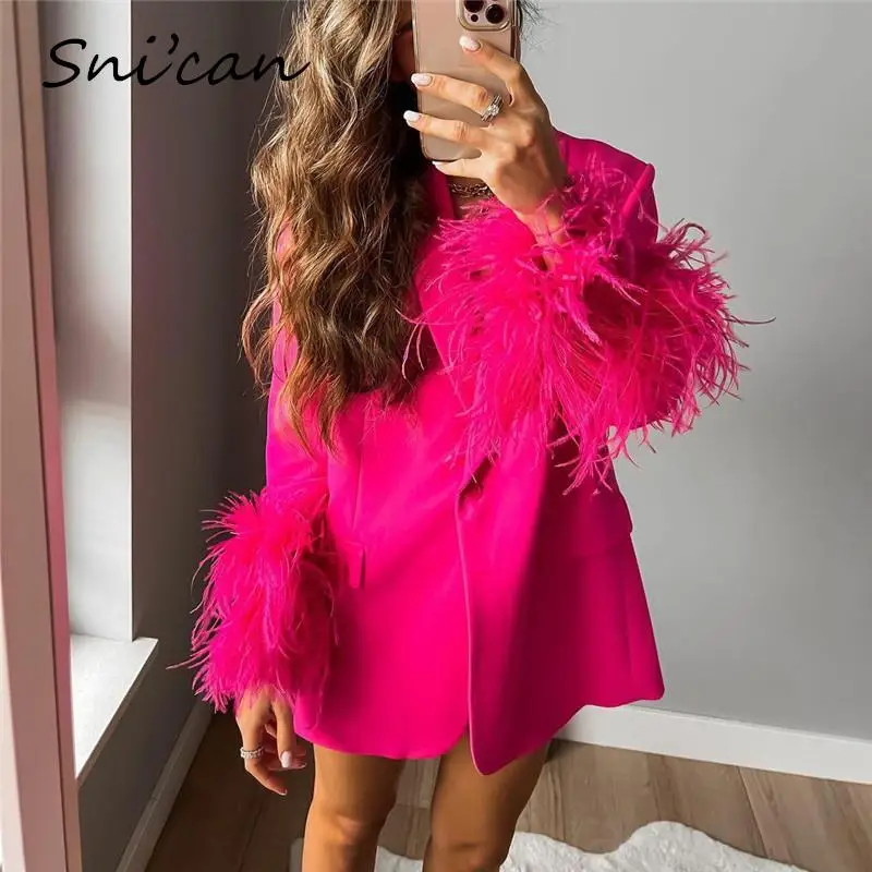 Solid Pink Feather Cuff Women Blazer Mujer Fashion Autumn Winter Single Button Basic Office Ladies Jacket Coat 2022 Outwear New