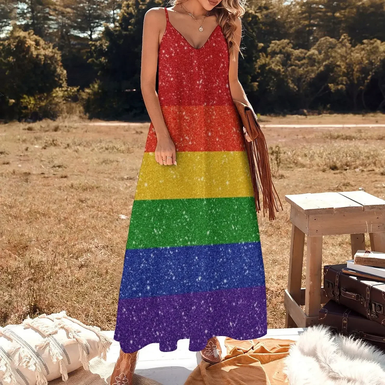 Faux Glitter LGBTQ Pride Rainbow Flag Background Sleeveless Dress elegant and pretty women's dresses Dress