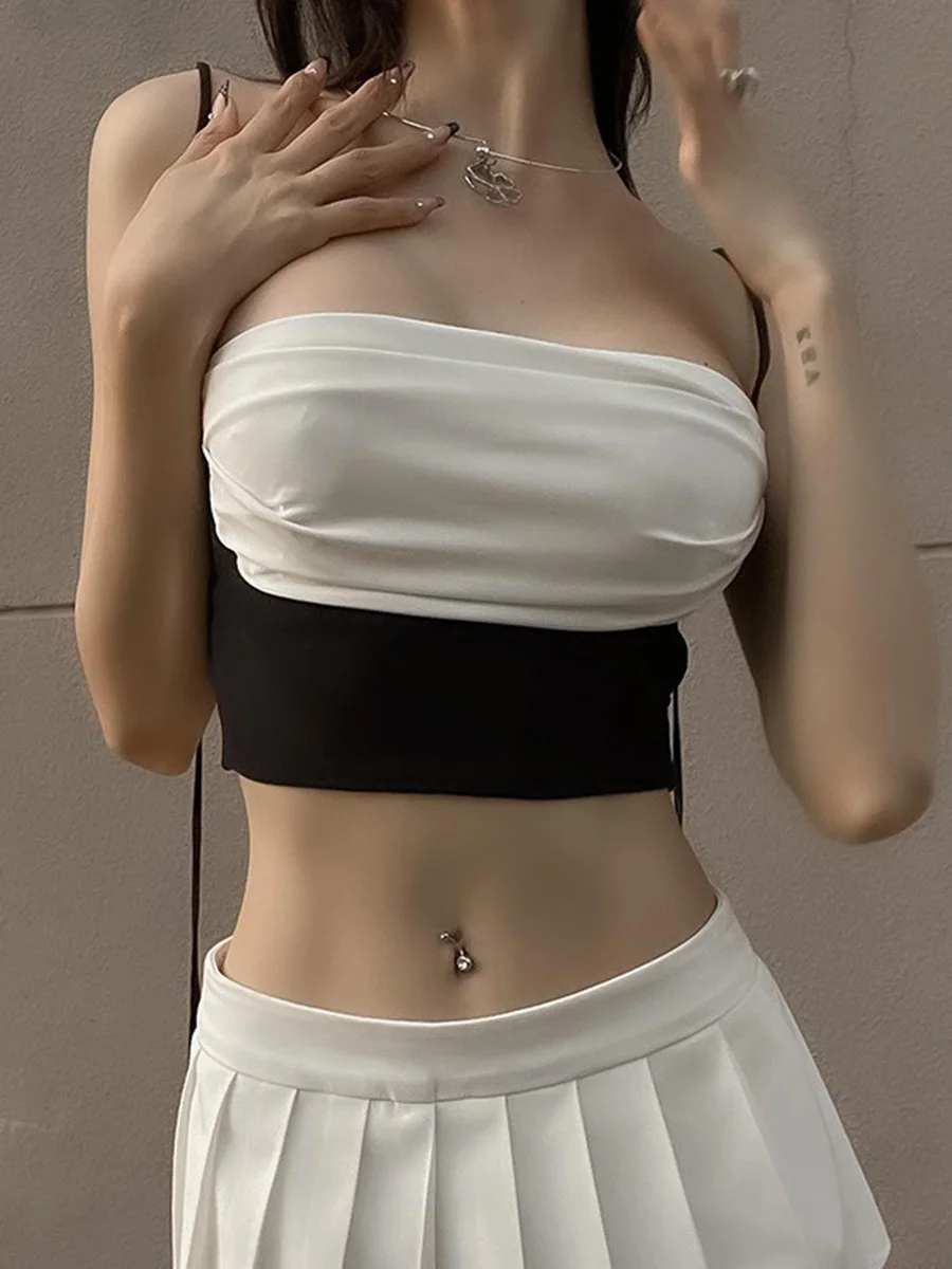 White Crop Top Women Off Shoulder Tube Tops Camisoles Streetwear Y2k Patchwork Solid Open Back Tank Tops Summer Women's Clothing