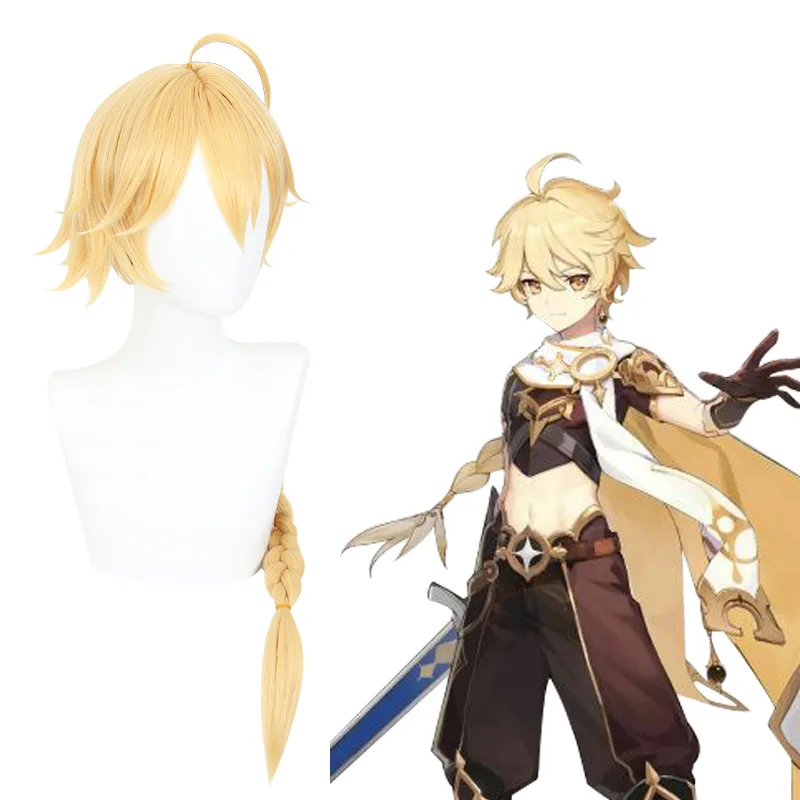 Xiu Dan Genshin Impact Traveler Kuu Cosplay peluca trenzada coletas amarillo claro 455G