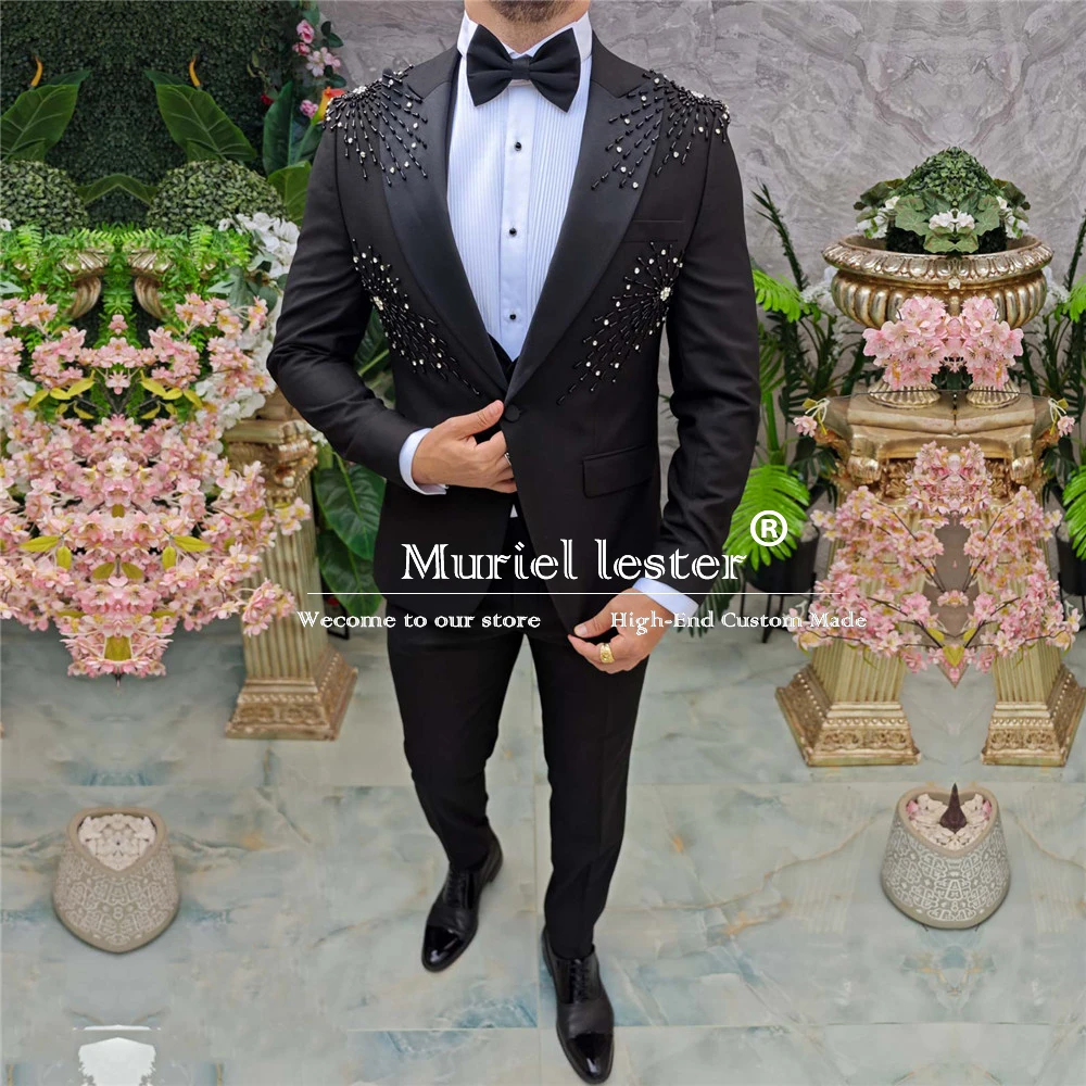 Luxury Groom Wedding Suits Slim Fit Black Beaded Stone Jacket Vest Pants 3 Pieces Formal Men\'s Tuxedos Bespoke Ceremony Clothing