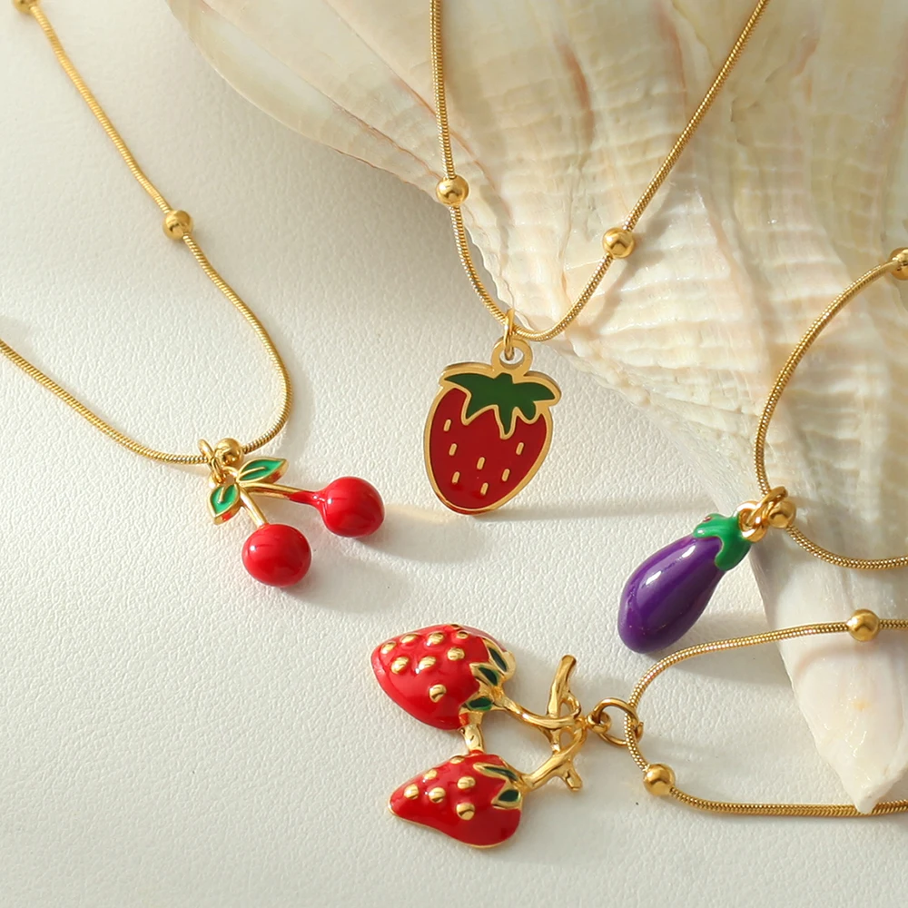 

Fun Food Pendant Necklace Enamel Strawberry Lobster Charms Stainless Steel Beaded Chain Waterproof Fashion Jewelry for Women