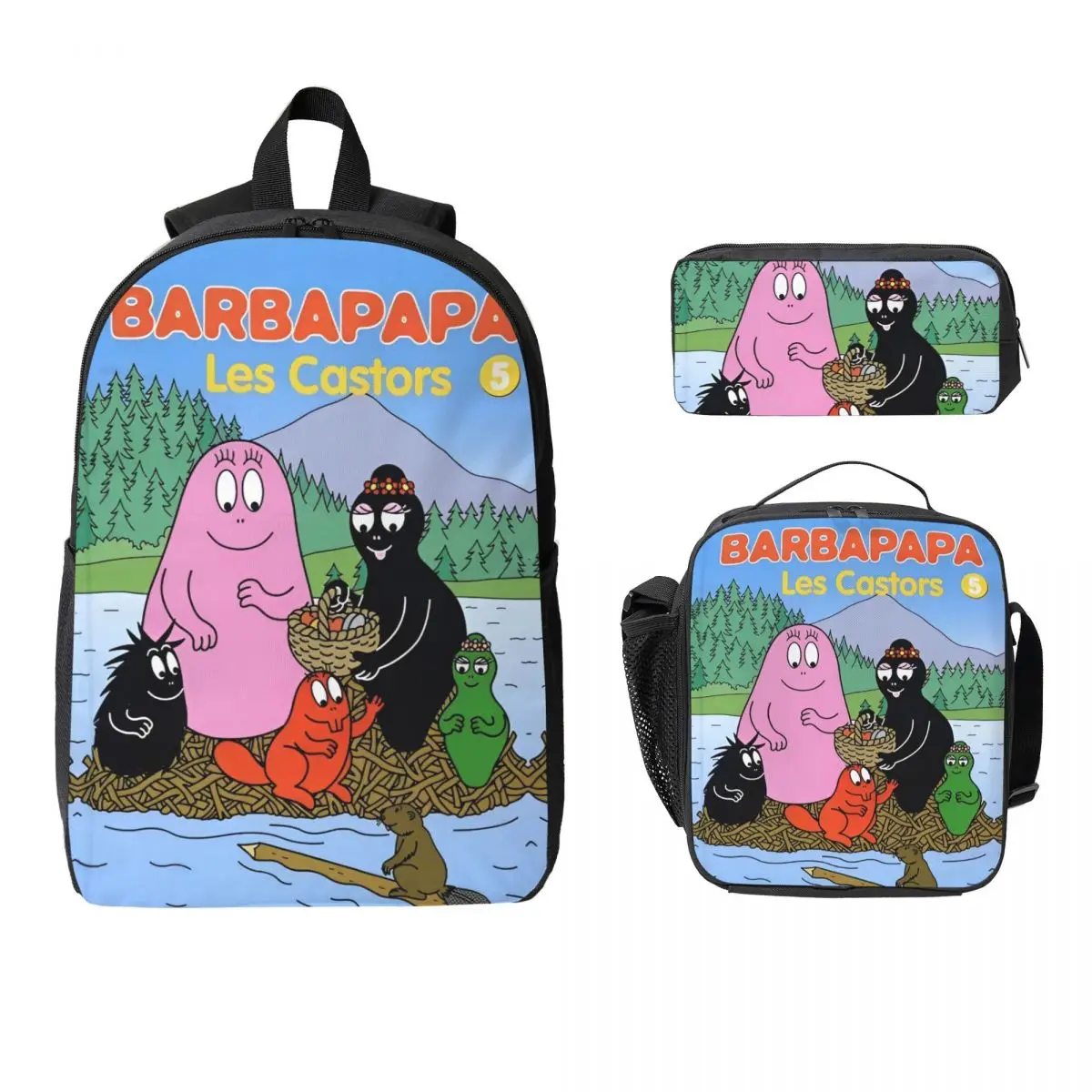 3Pcs Les Barbapapa Cartoon Backpack Set for Girls Boys Pen Bags Bookbag Sets with Lunch Box For Primary School Students Daypack