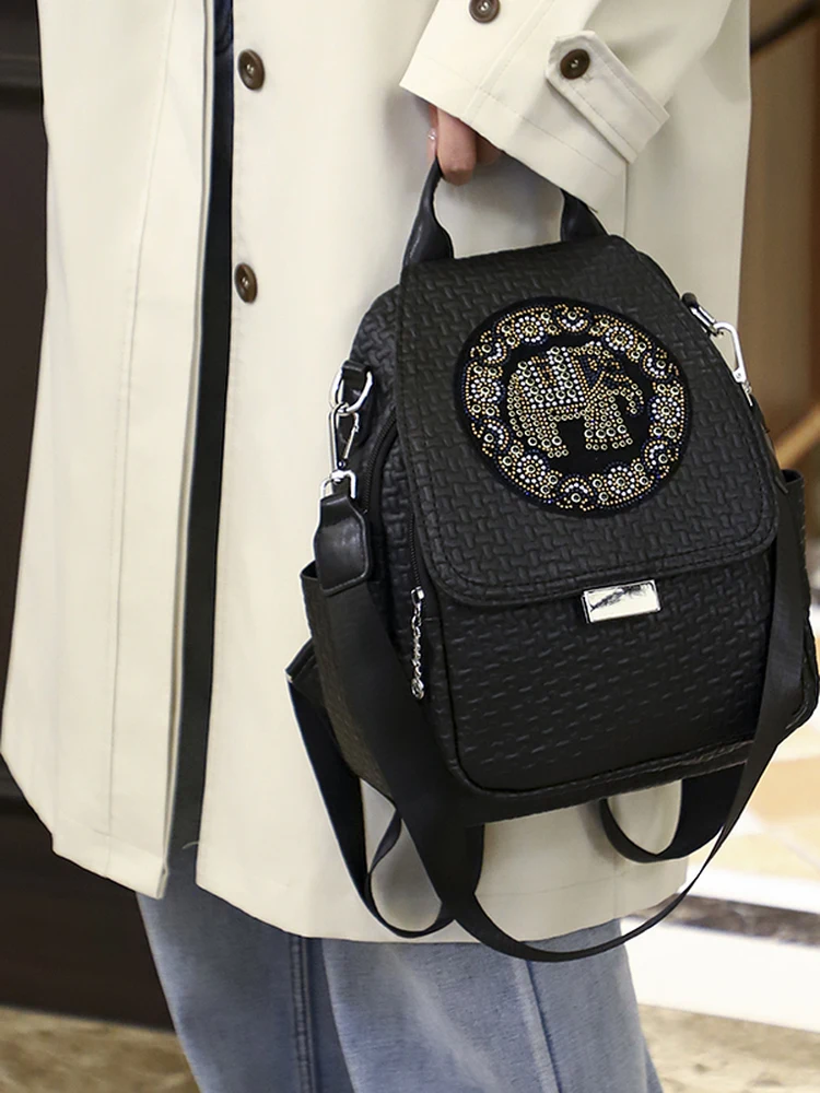 

Faionable Glittering Diamond Elephant Ladies Wee Soft Leather Bla Двойная сумка через плечо Casual Simple Sle Travel Bac...