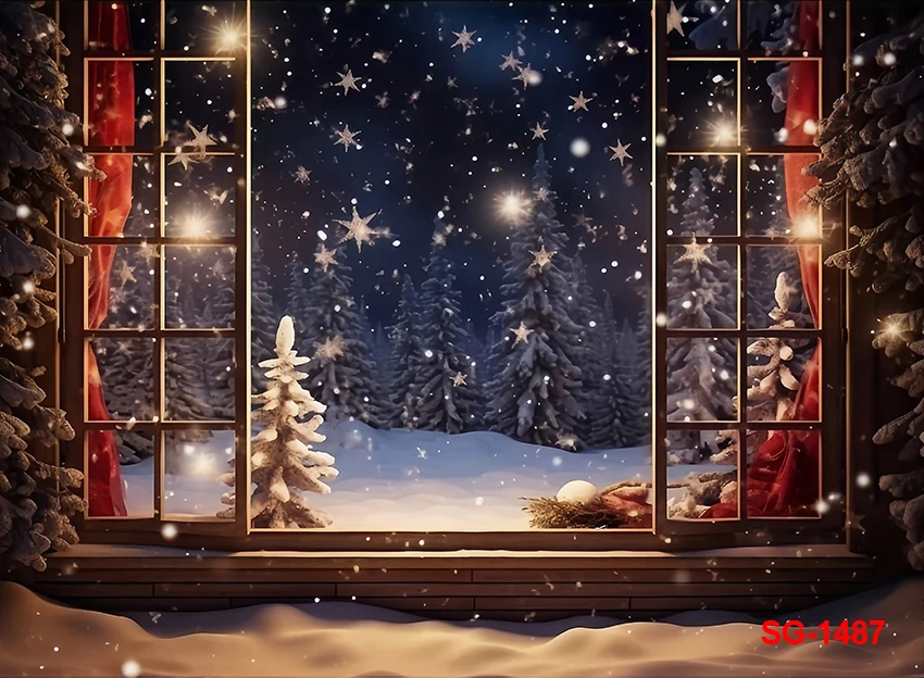 사진 배경 창 밤 크리스마스 소나무 장식, 가족 휴일 파티, 겨울 별 배경, 사진 스튜디오