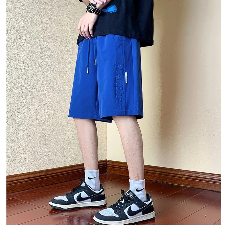 Men's Summer Solid Elastic High Waisted Pockets Bandage Letter Patchwork Casual Work Trousers Fashion Preppy Style Shorts