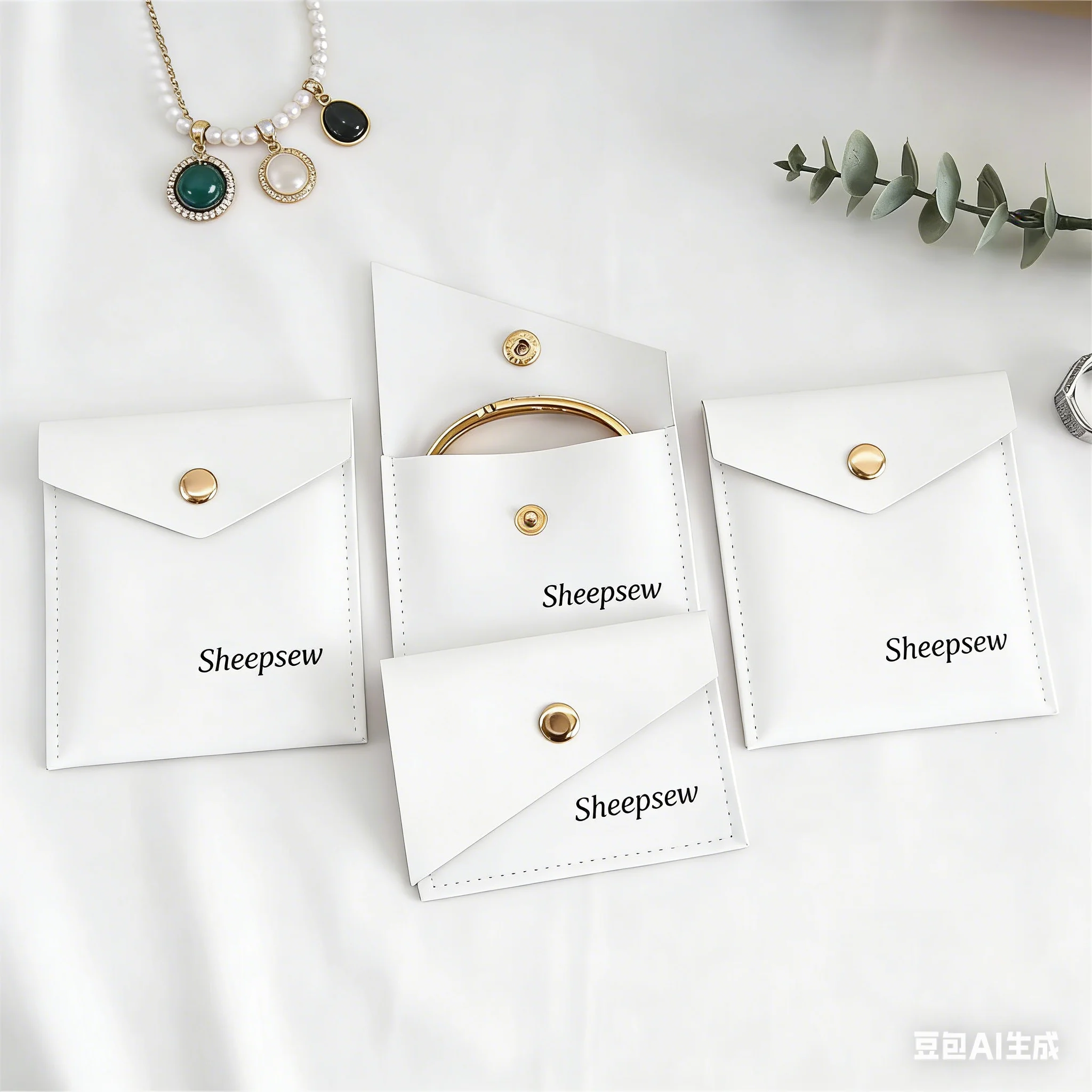 50pcs Ivory Personalized Logo Microfiber Jewelry Gift Pouch Velvet Snap Button Rings Earrings Packaging Organizer Wedding Favors