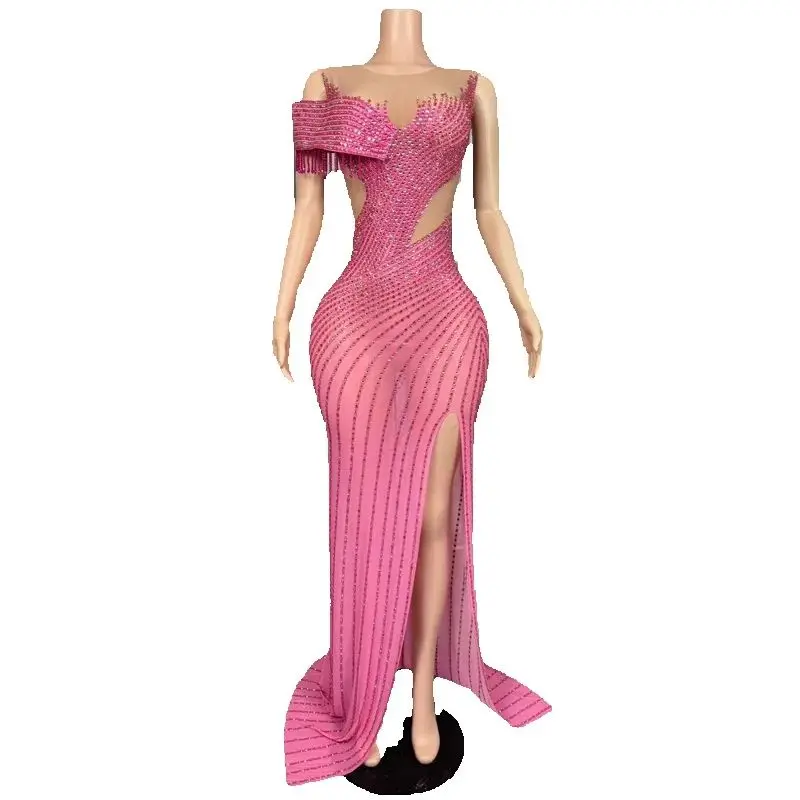 Vestidos de Noche rosas con diamantes de imitación para mujer, vestido de fiesta de celebración con diamantes, vestido de actuación en escenario, traje de pasarela de cantante, disfraz de Jazz