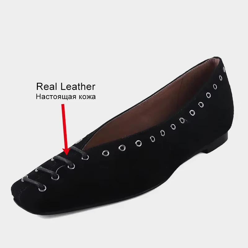 JOZHAMTA Women Casual Flats Shoes Real Leather Comfort Low Heels Shoes Vintage Studded Straps Square Toe Office Lady Size 34-40