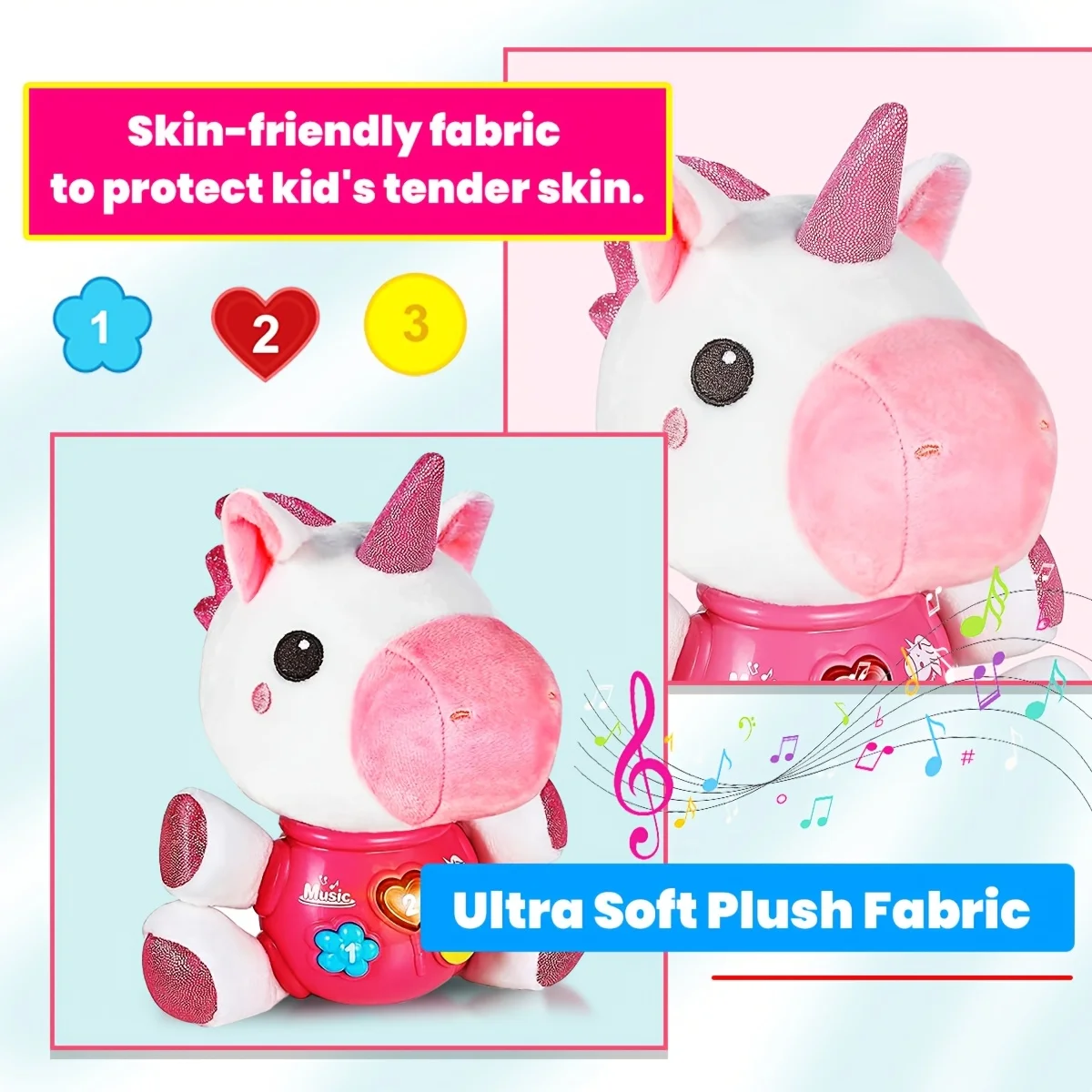 Baby Plush Music Toy, Cartoon Unicorn, Dinosaur Doll, Plush Singing and Glowing Music Toy, Music Stuffed Animal