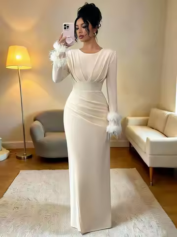 Elegant Long Sleeve Evening Dress with Feather Cuffs, Round Neck, Ruched Waist, Fishtail Hem