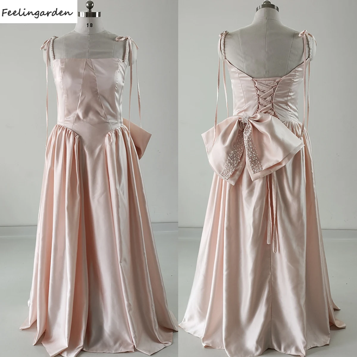 

Feelingarden Evening Dresses Pink Pink Satin Spaghetti Strap Sleeveless A-line Floor Length Pleat Women Party Formal Gown B1936