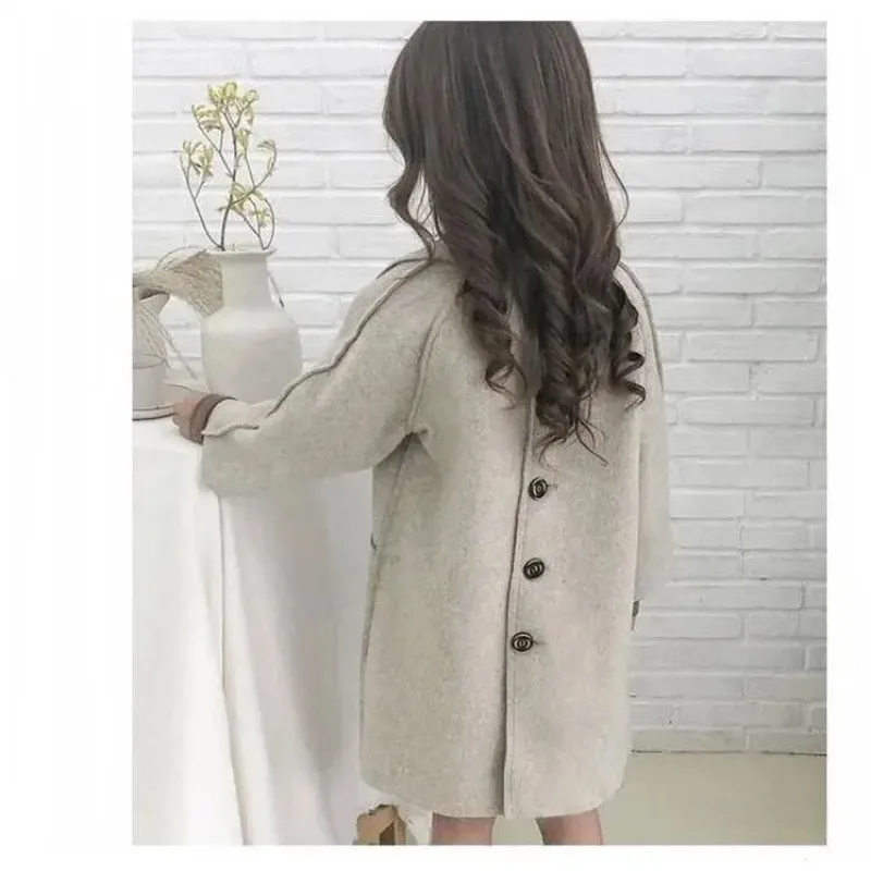 Girls Warm Woolen Coat Winter Girls Thicken Tweed Outerwear Big Kids Long Overcoat Autumn Fashion Loose Fitting Jackets