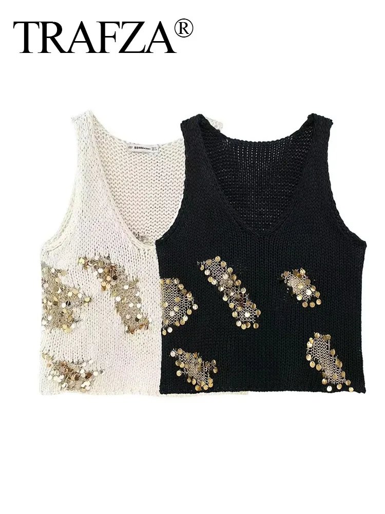 

TRAFZA Female Casual Sweater Vests Solid O-Neck Sleeveless Sequined Decorate Pullover Summer Knitted Tops Woman 2024 Trendy