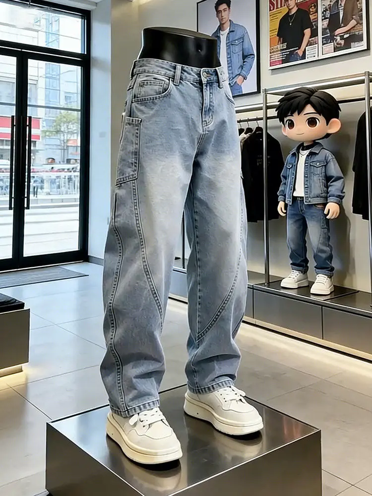 

Light Blue Patchwork Wide Leg Jeans Men Summer American Style Casual Workwear Loose Straight Cut Trousers Youth Fashion