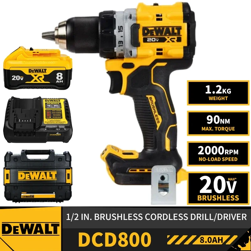 DEWALT DCD800 Kit 1/2in Brushless Cordless Drill Driver 20V Electric Screwdriver Lithium Tools 2000RPM 90NM With Battery Charger