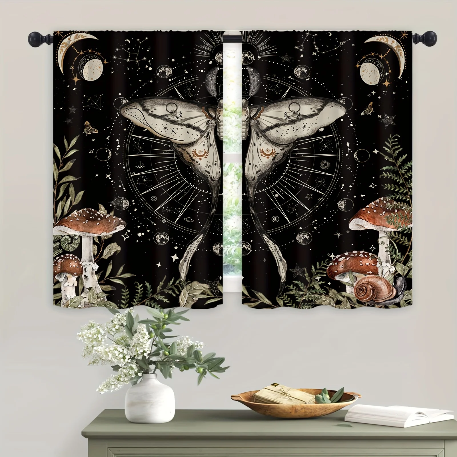 2pcs Gothic Moth Mushroom Magic Night Pattern Home Living Room Kitchen Sink Decoration Curtain Cafe Office Study Sunshade Cloth