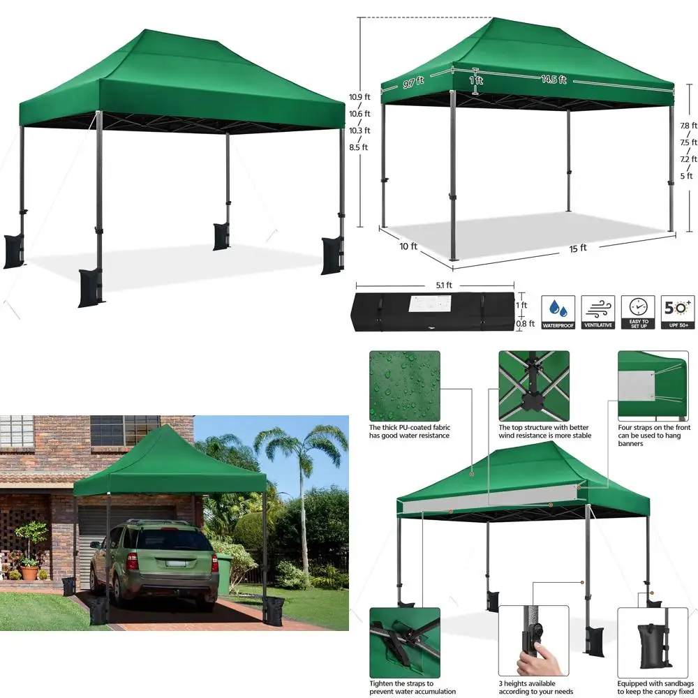 

Heavy Duty 10x15 Instant Canopy Tent, Commercial Outdoor Adjustable Shelter with Wheeled Bag, 4 Sides, Pop Up Canopy for Events
