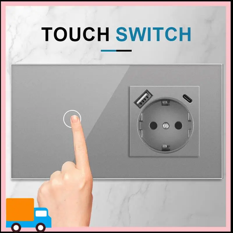 

Professional 16A Wall Power Socket Touch Sensor Switch Europe Russia Spain Germany Grey Crystal Glass Panel Home Improvement B E