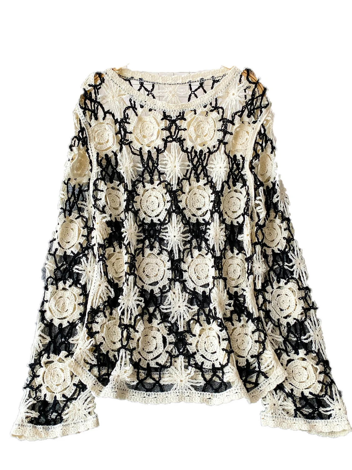 Top de punto hoado estilo bohemio para mujer, con mangas acampanadas, diseño calado, para verano, actividades al aire libre...