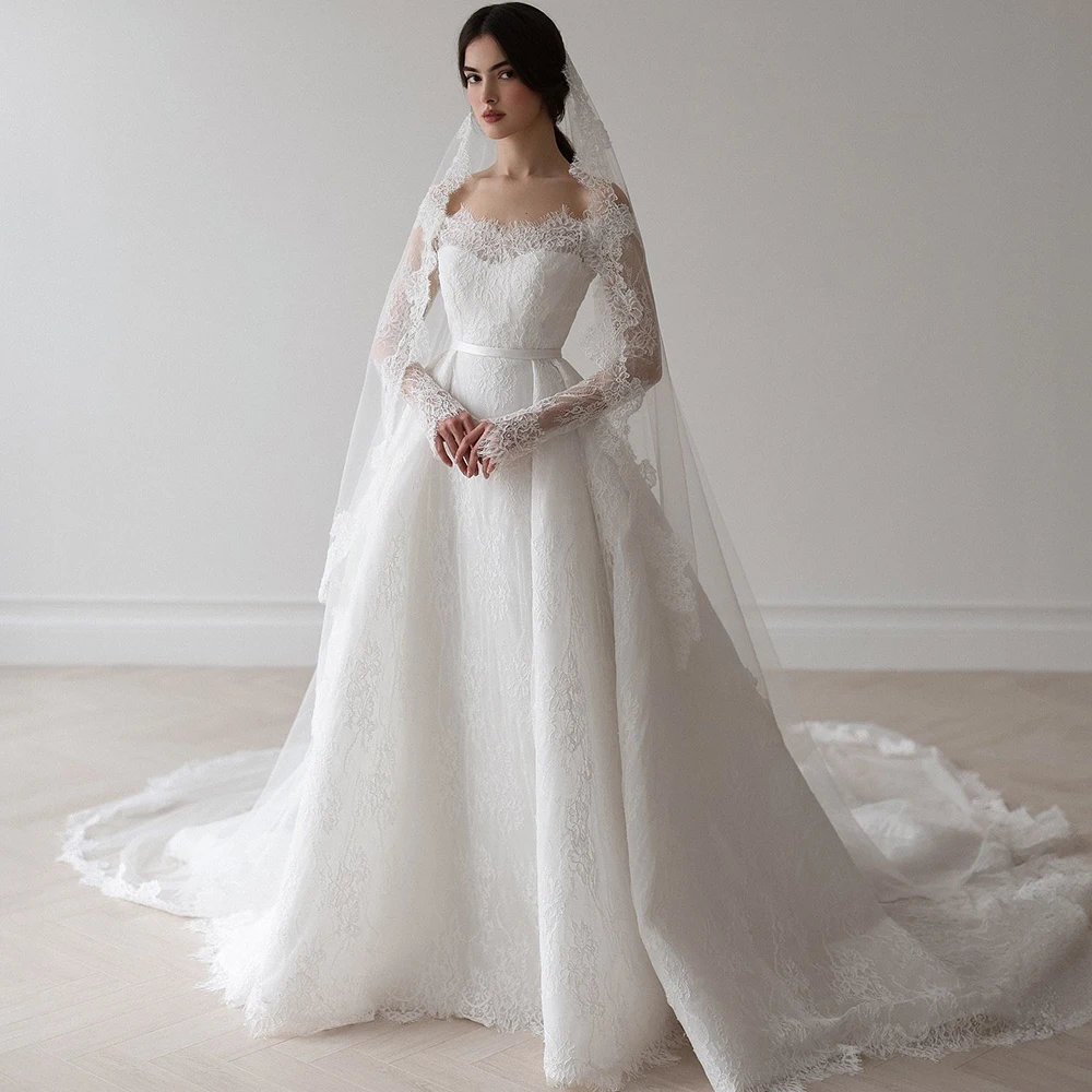 

Customized White Lace Boat Neck A-line Wedding Dress With Button ILLUSION Full Sleeves Sweep Train Floor Length Bride Gown