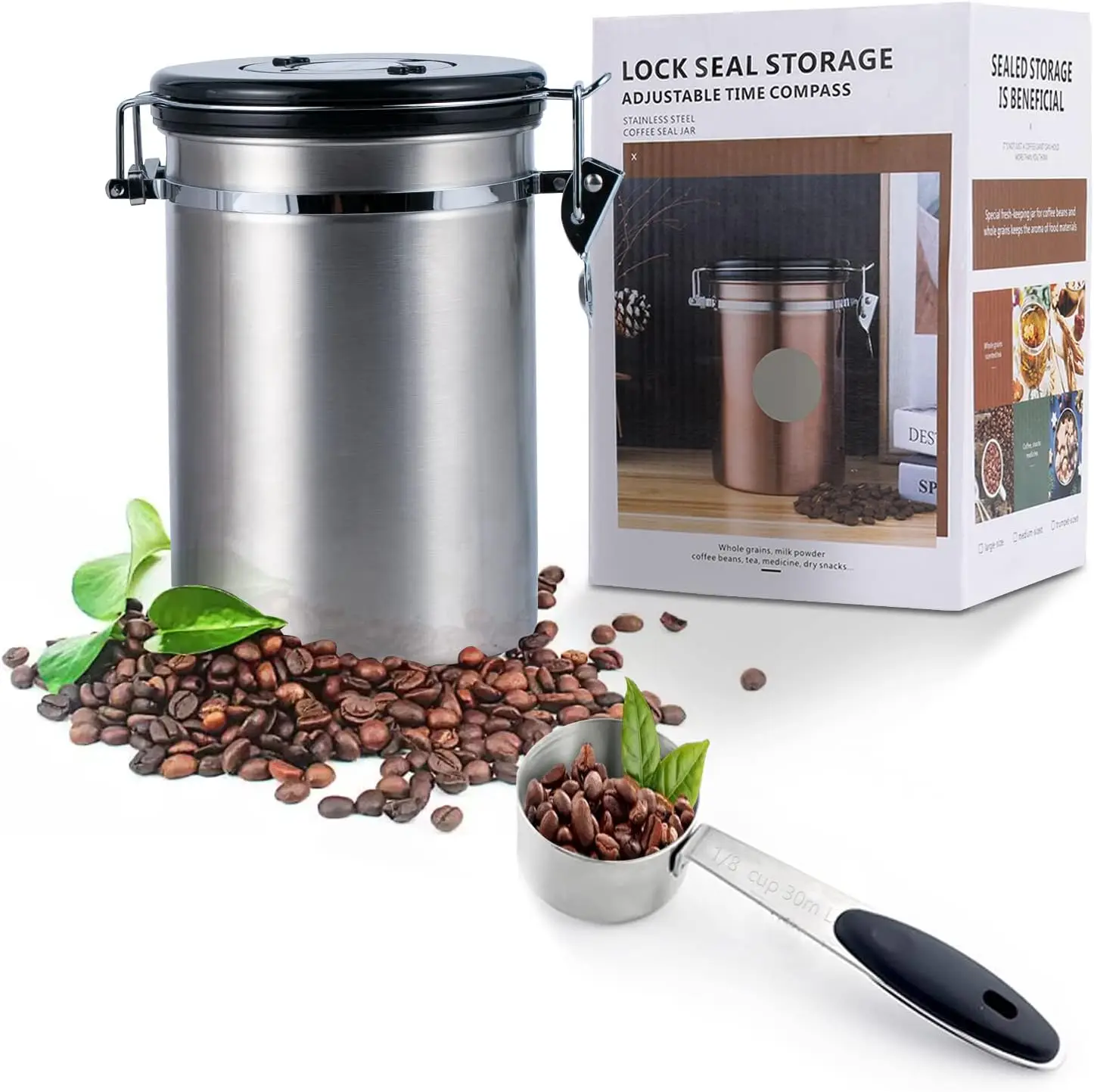 

1.5/1.8L Stainless Steel Airtight Coffee Container Storage Canister Set Coffee Jar Canister With Scoop For Coffee Beans Tea