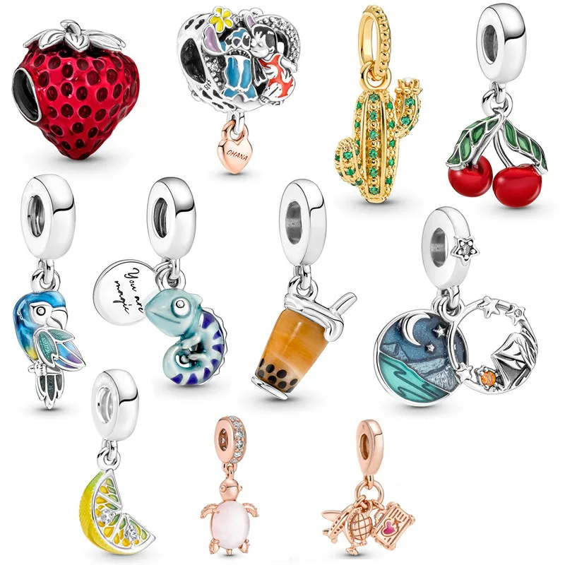 

2022 New Summer Cactus Cherry Chameleon Parrot Strawberry Card Holder Dangle Beads Fits Original Pandora Bracelets DIY Making