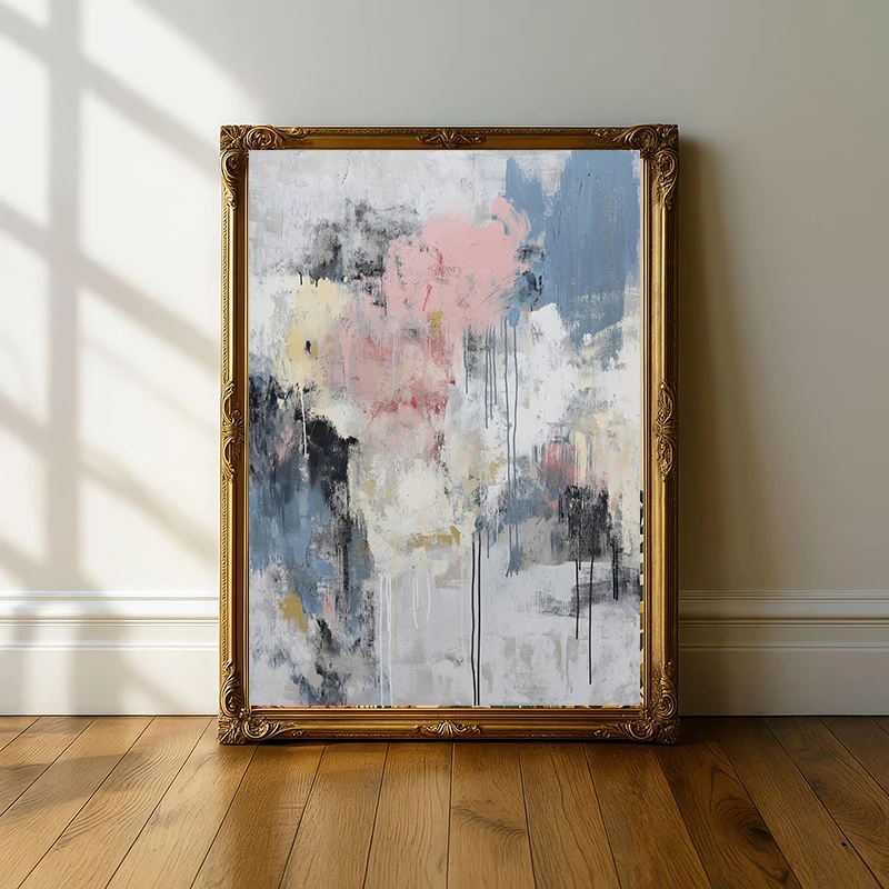 Abstract Wall Art Neutral Modern Blush Blue Minimalist Canvas Painting Poster Contemporary Textured for Living Room Home Decor