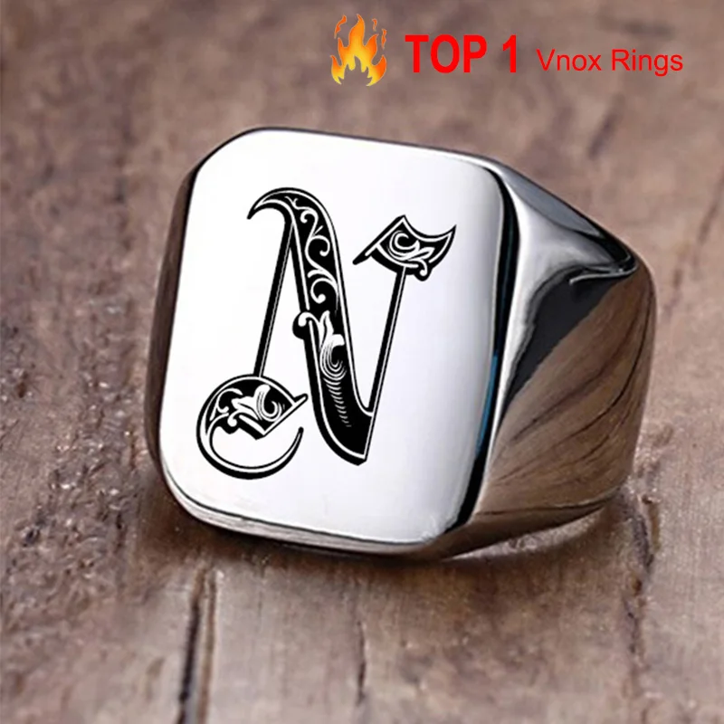 Vnox Retro Initials Signet Ring for Men 18mm Bulky Heavy Stamp Male Band Stainless Steel Letters Custom Jewelry Gift for Him