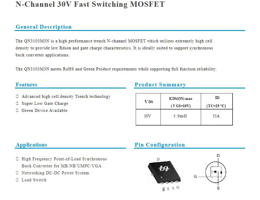 (5pcs) QN3103M6N QN3103 QFN-8 N-Channel 30V Fast Switching MOSFET New original