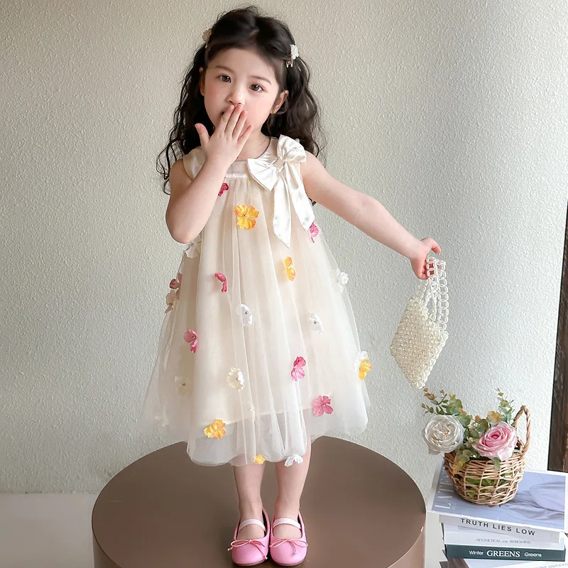 Summer New 2026 Children's Stylish Sleeveless Floral Mesh Patchwork Satin Neckline Bow Dress