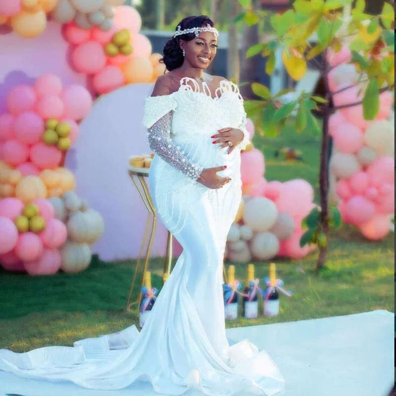 Abito da sposa a sirena con perle pesanti africane con spalle scoperte e ben design personalizzato Abiti da sposa Garden Brida incinta