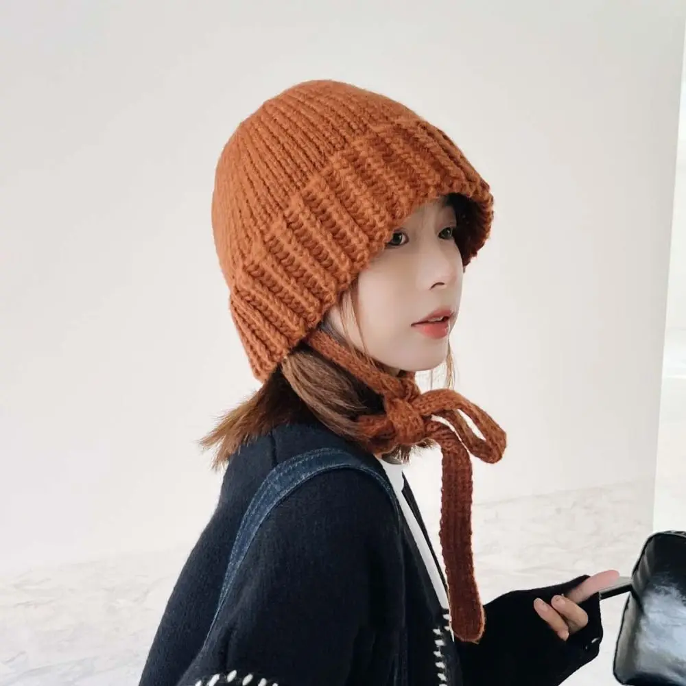 Cute Bowknot Strap Knitted Hat Warm Cap Wool Hat Crochet Basin Cap Jennie Style Solid Color Knit Beanie Girls