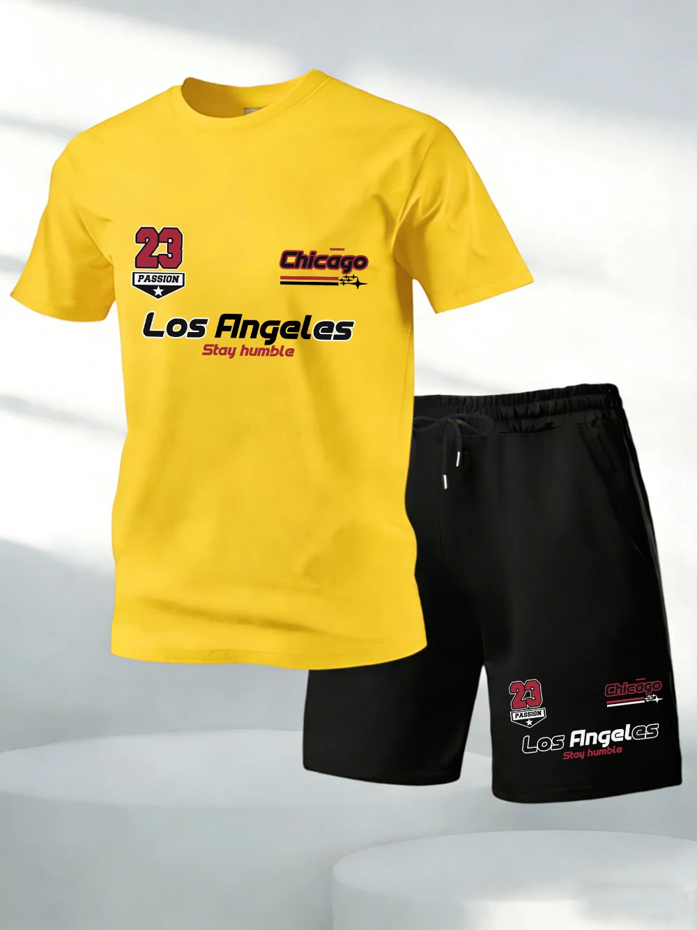 

Two Pieces Set Los Angeles Chicago Stay Print Cotton Tops Shorts Mens Oversized Soft O-Neck T-Shirts Pocket High Waisted Pants