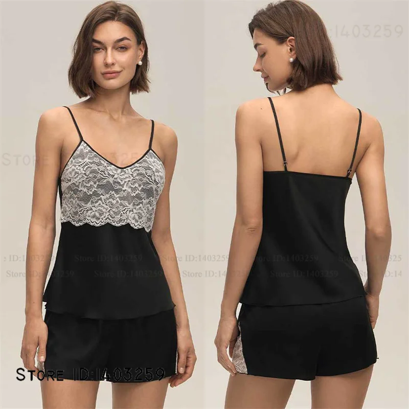 

Sexy Patchwork Lace Pajamas Set Intimate Lingerie Summer Silky Satin Femael Sleepwear Strap Top&shorts Homewear Loose Loungewear