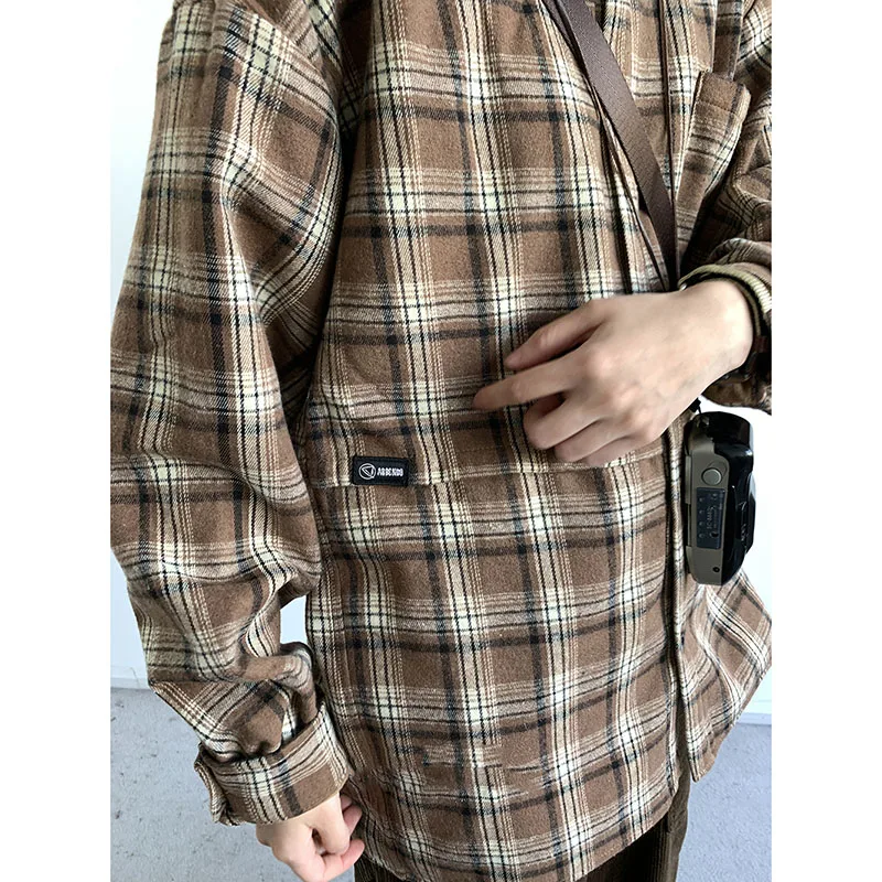 Retro Fleece Shirt Men Women Harajuku Patchwork Check Loose Cardigan Coat Japanese Casual Lapels Long Sleeves Autumn Unisex Tops