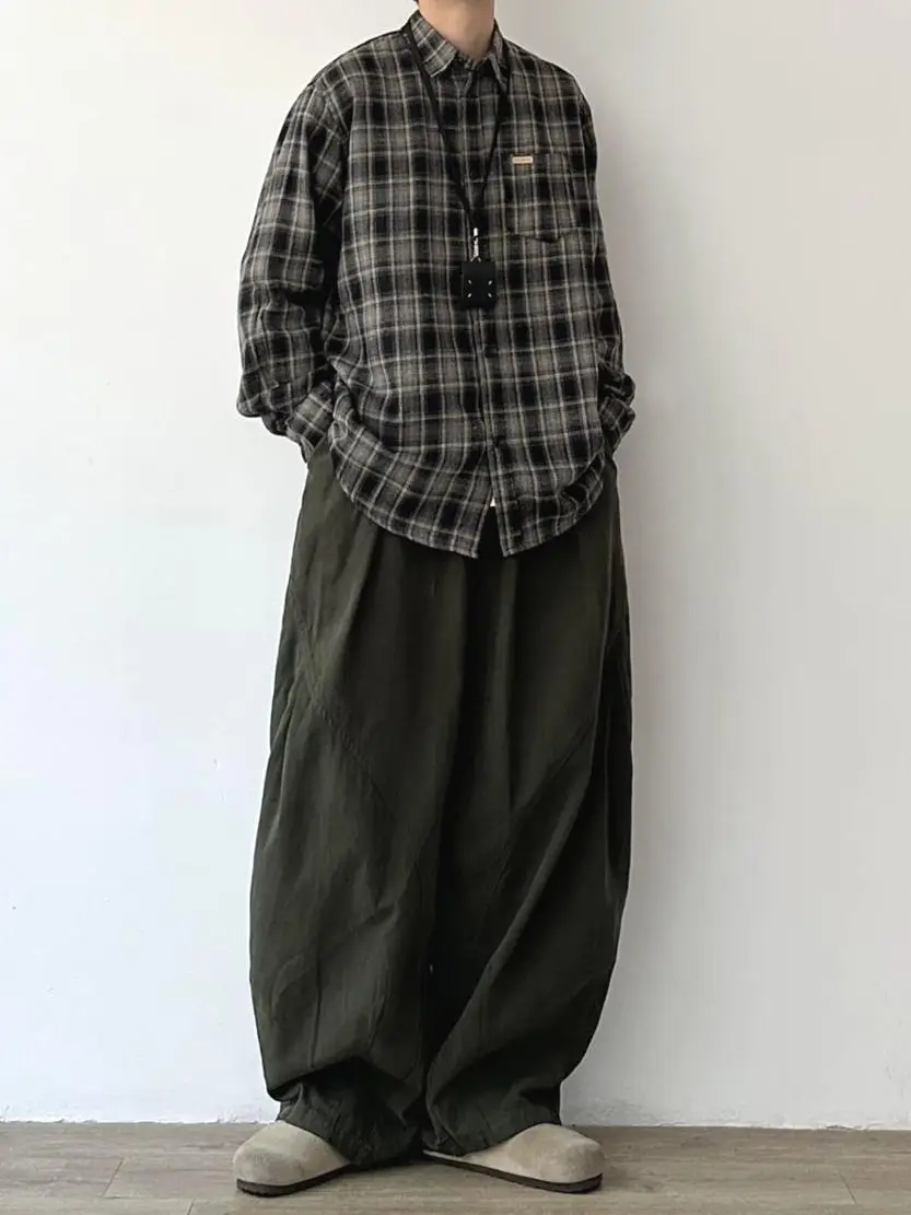 Pantaloni lunghi larghi da uomo per abbigliamento da lavoro in puro cotone a gamba larga retrò Pantaloni lanterna Harlan con cavallo grande Pantaloni casual alla moda