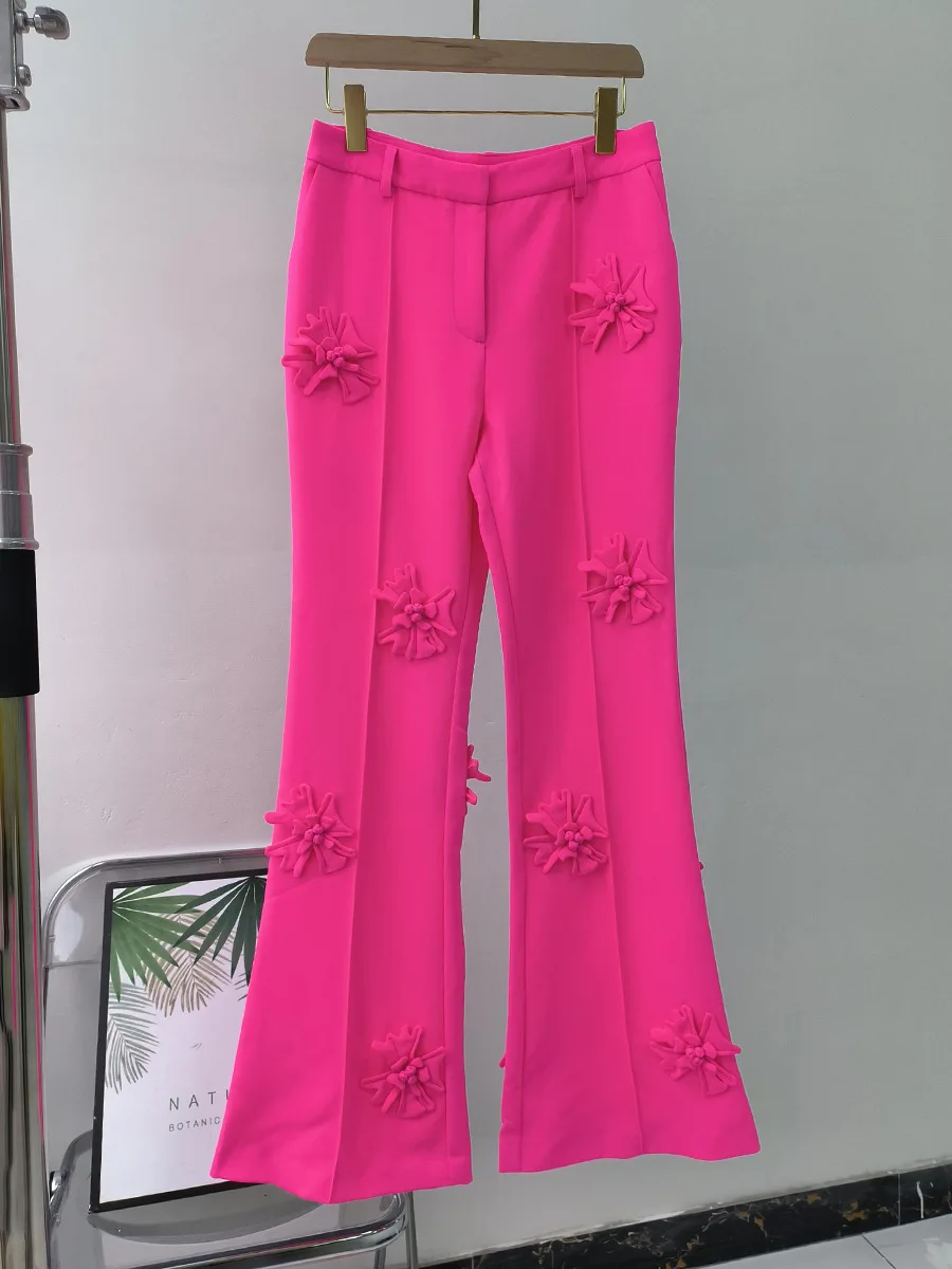 

Chic Pink 3D Flower Patchwork Long Suit Pants For Women 2023 Fashion Female Trousers Casual High Waist Wide Leg Formal pants