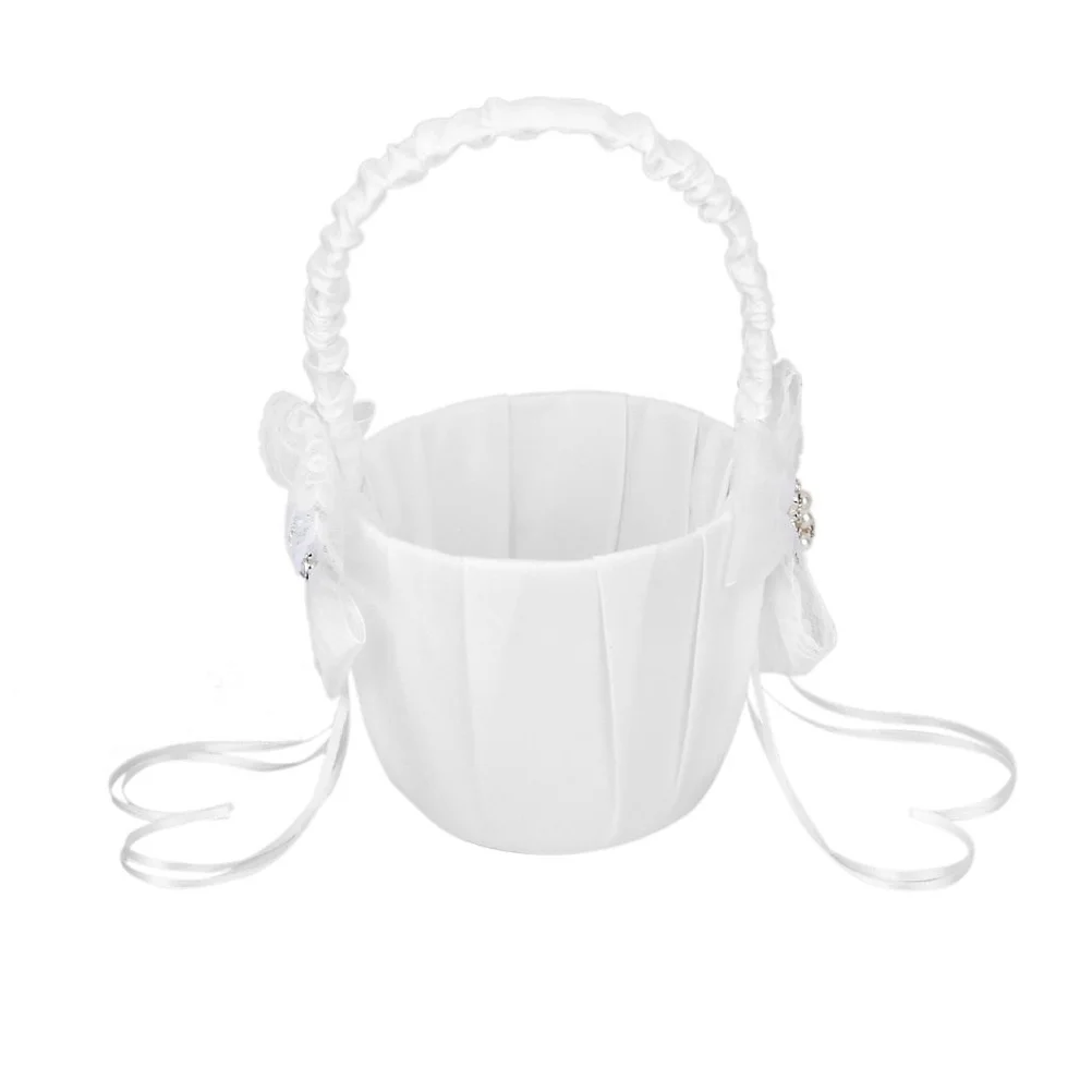 

White Wedding Flower Girl Basket 13x22cm Satin Bowknot Faux Pearl Decoration Ceremony Candy Gift Confetti