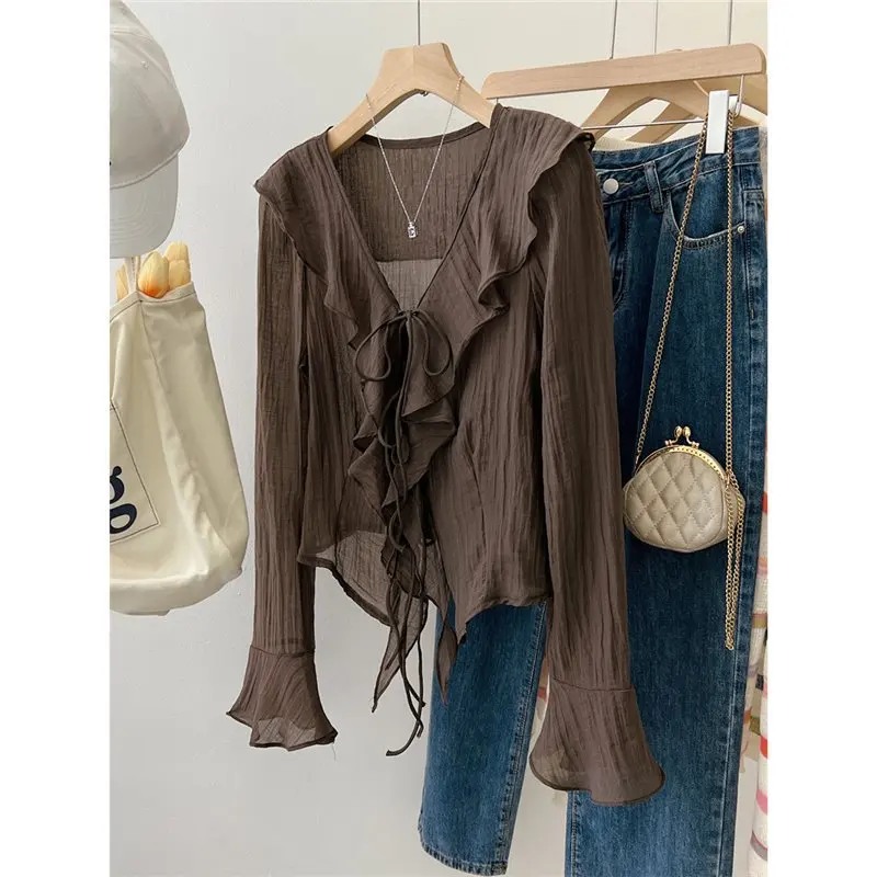 Blusas para mujer Chemise Femme Camisas acampanadas con volantes para mujer Blusas femeninas Elegantes Tops Camisa vintage de primavera Abrigo fino