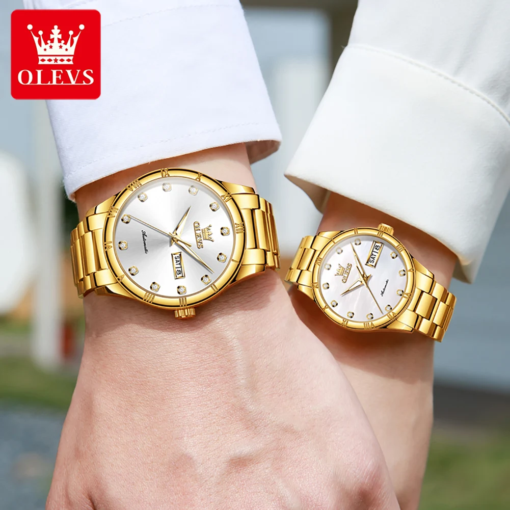 OLEVS-Relógio Casal Diamante Impermeável para Homens e Mulheres, Relógio Mecânico Automático, Calendário Empresarial, Marca de Luxo, 7030