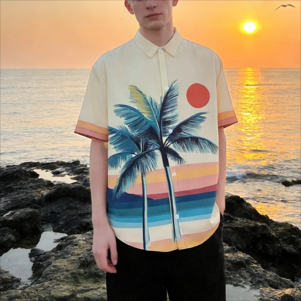 

Men's Vintage Inspired Short Sleeve Button Down Shirt Tropical Sunset Loose Fit Casual Shirt for Street , Vacation, Summer Chill