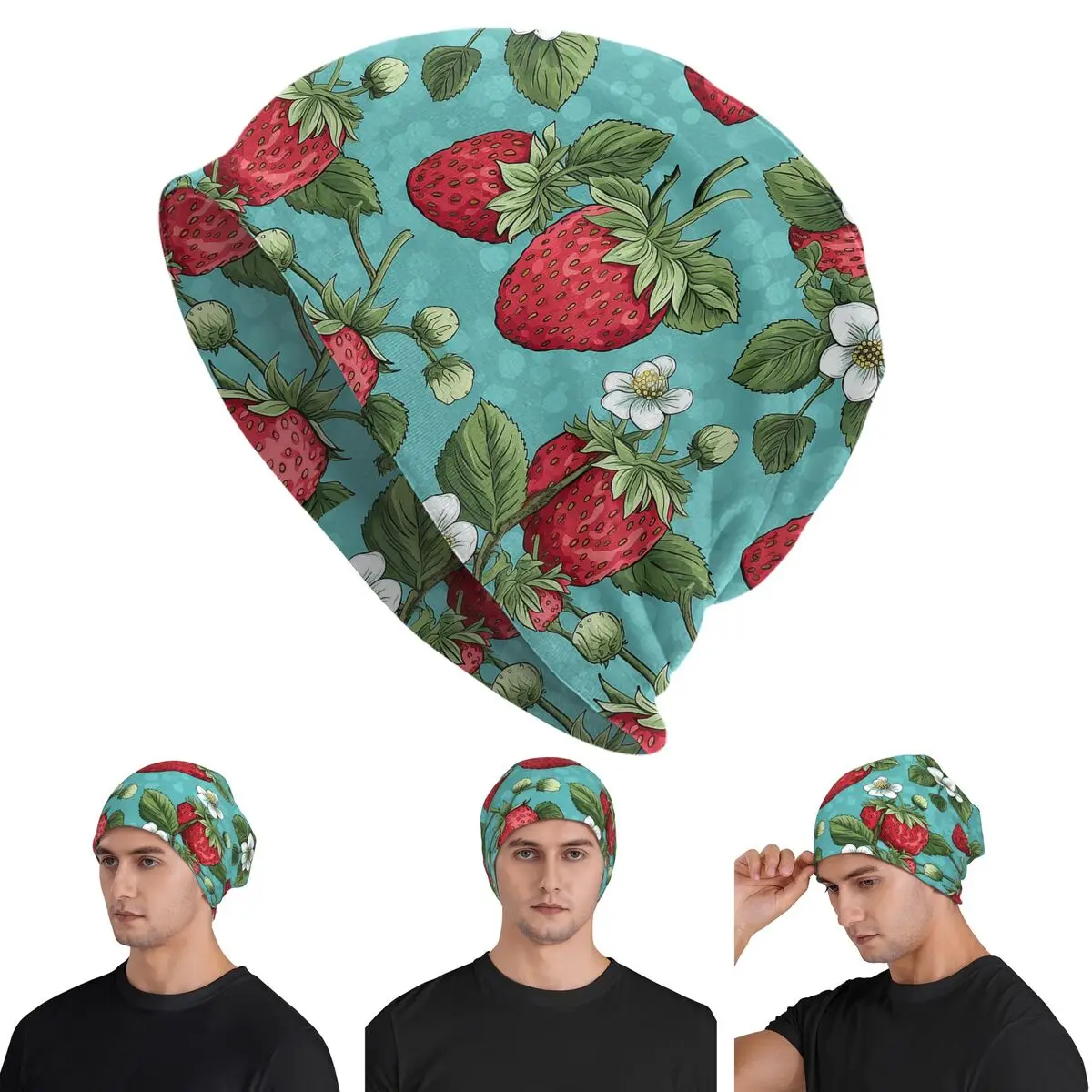 

Beautiful Highly Stylized Strawberry With Flowers Pattern Skullies Beanies Hats Warm Autumn Cap Knitted Bonnet Caps Adult