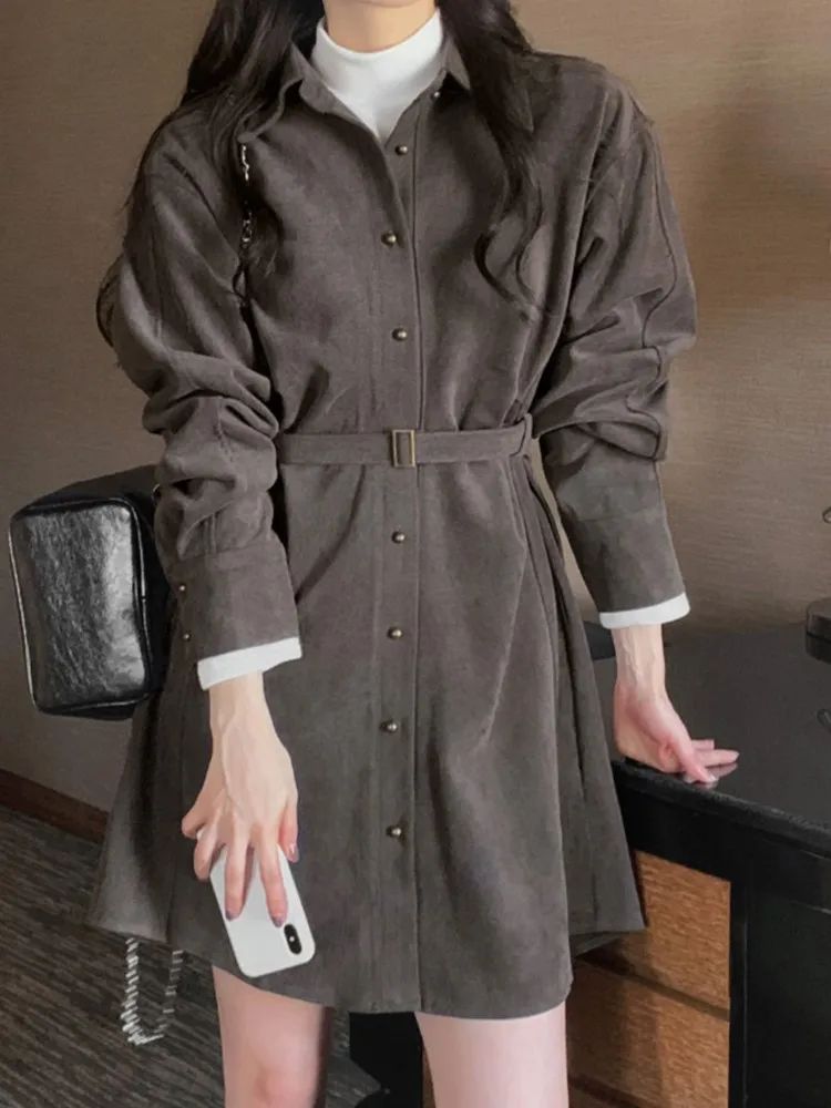 ربيع الخريف الدانتيل يصل قميص فستان المرأة الكورية سليم فستان بكم طويل النساء فساتين السيدات Vestidos #2