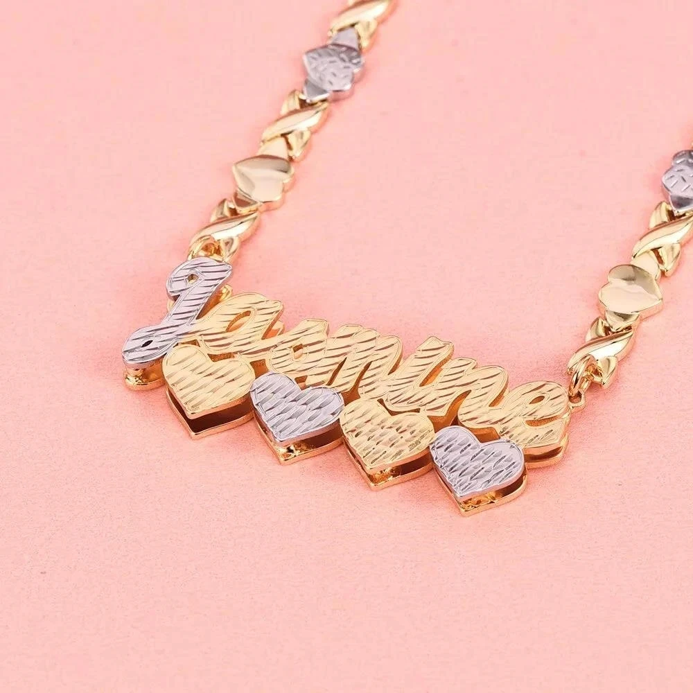 Imagem -05 - Nome Personalizado Colares Double Layer Heart Necklace Xoxo Heart Chain For Women Personalized Hip Hop Pendant Aço Inoxidável